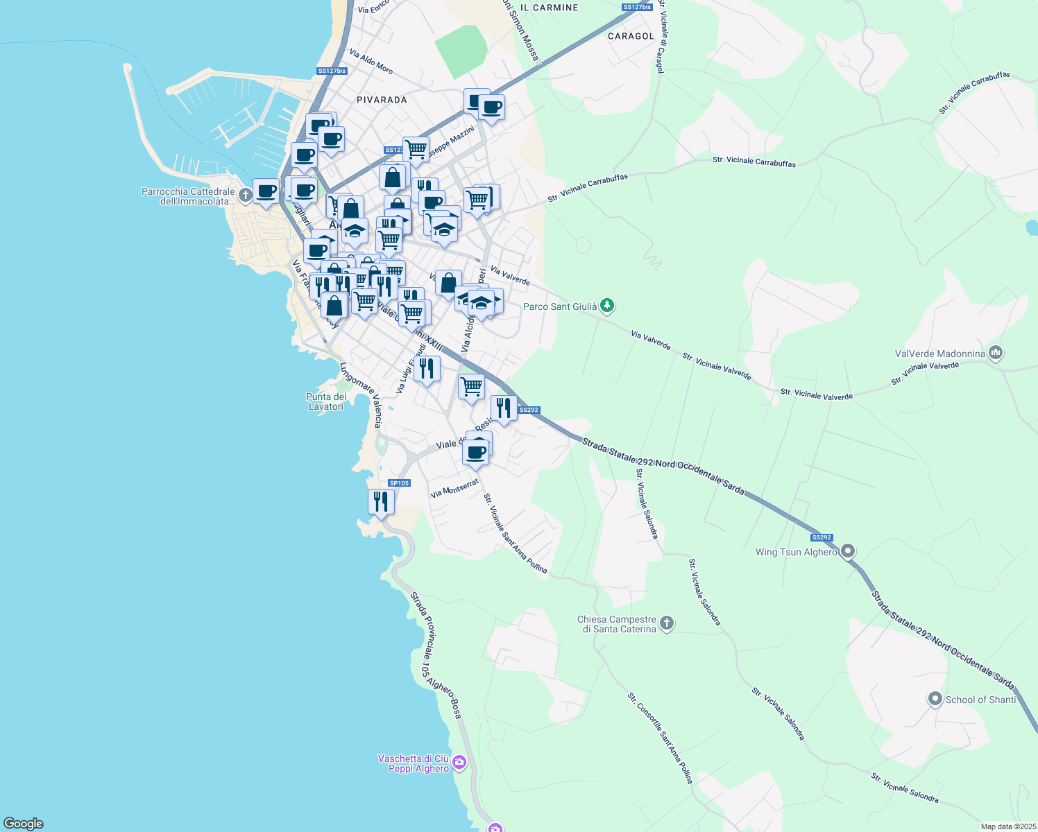 map of restaurants, bars, coffee shops, grocery stores, and more near Via Diego Mele in Alghero