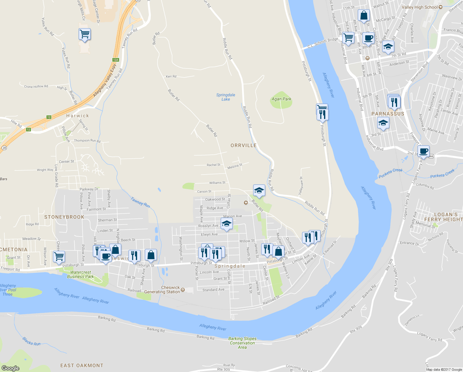 map of restaurants, bars, coffee shops, grocery stores, and more near 1009 Butler Road in Springdale