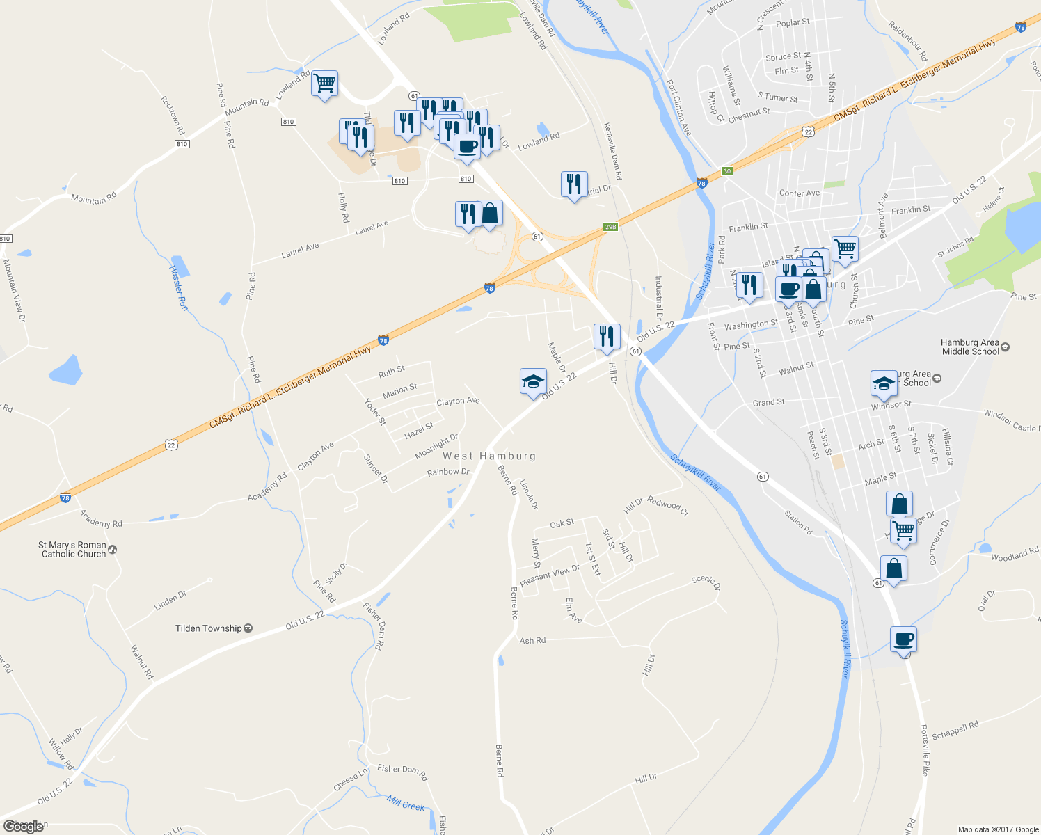 map of restaurants, bars, coffee shops, grocery stores, and more near 527 West State Street in Hamburg