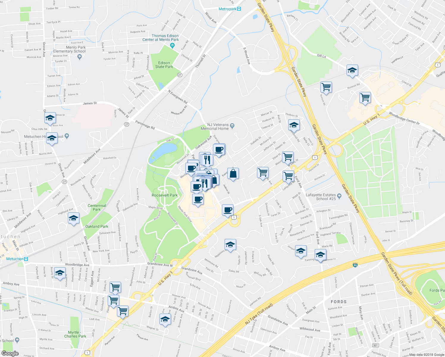 map of restaurants, bars, coffee shops, grocery stores, and more near 199 Evergreen Road in Edison