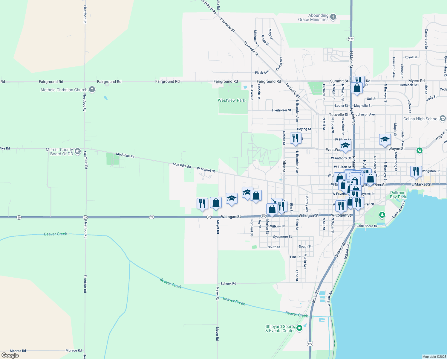 map of restaurants, bars, coffee shops, grocery stores, and more near 125 Margo Ln in Celina
