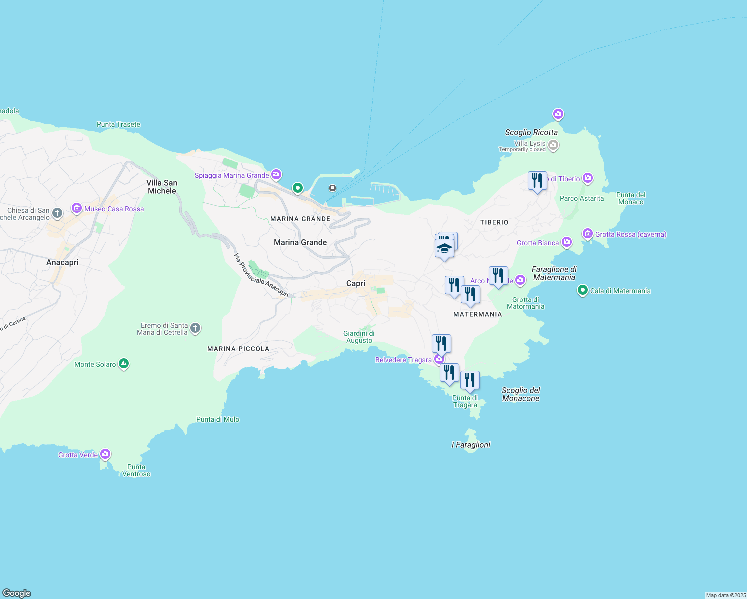 map of restaurants, bars, coffee shops, grocery stores, and more near 6 Via Camerelle in Capri