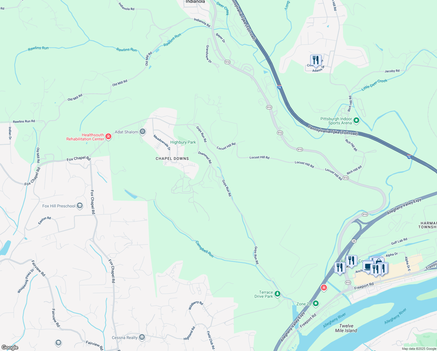 map of restaurants, bars, coffee shops, grocery stores, and more near 553 Guys Run Road in Cheswick