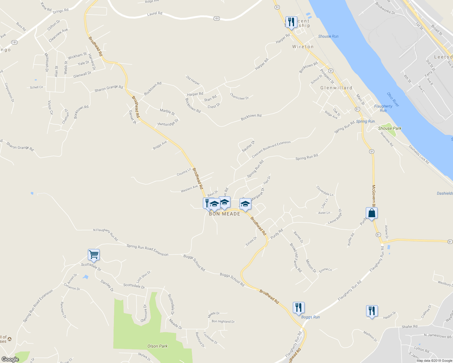 map of restaurants, bars, coffee shops, grocery stores, and more near 288 Spring Run Road in Crescent Township