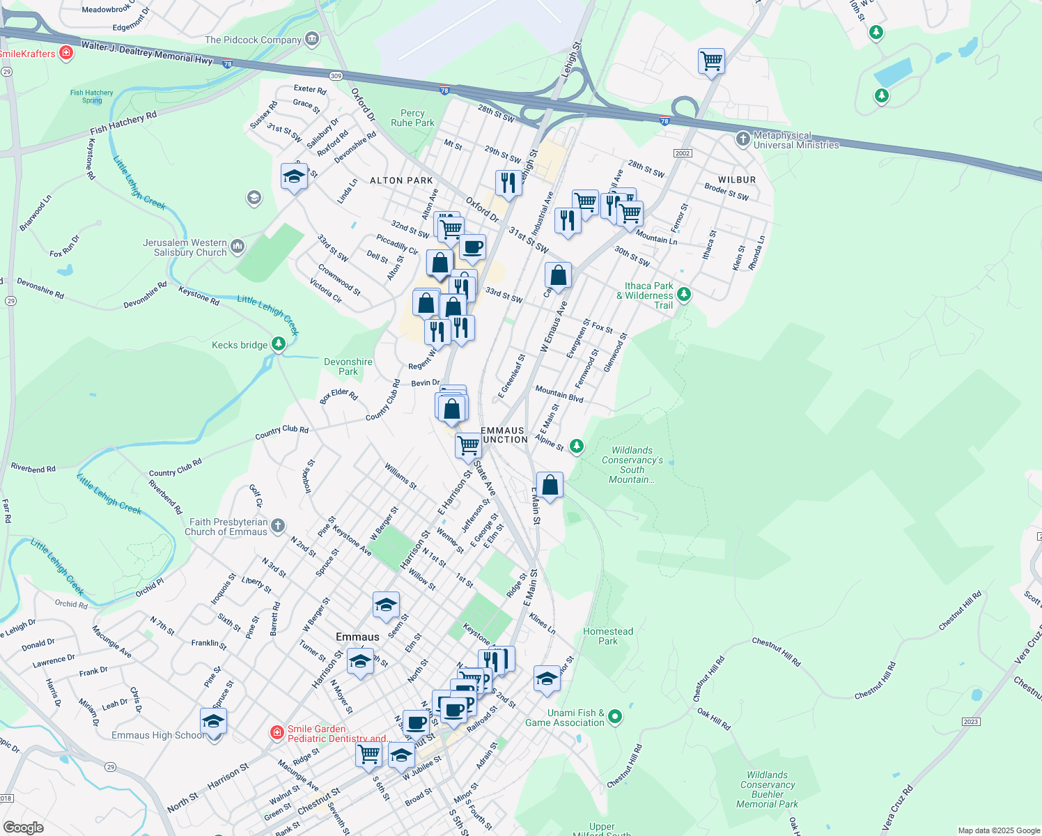 map of restaurants, bars, coffee shops, grocery stores, and more near 519 Dalton Street in Emmaus