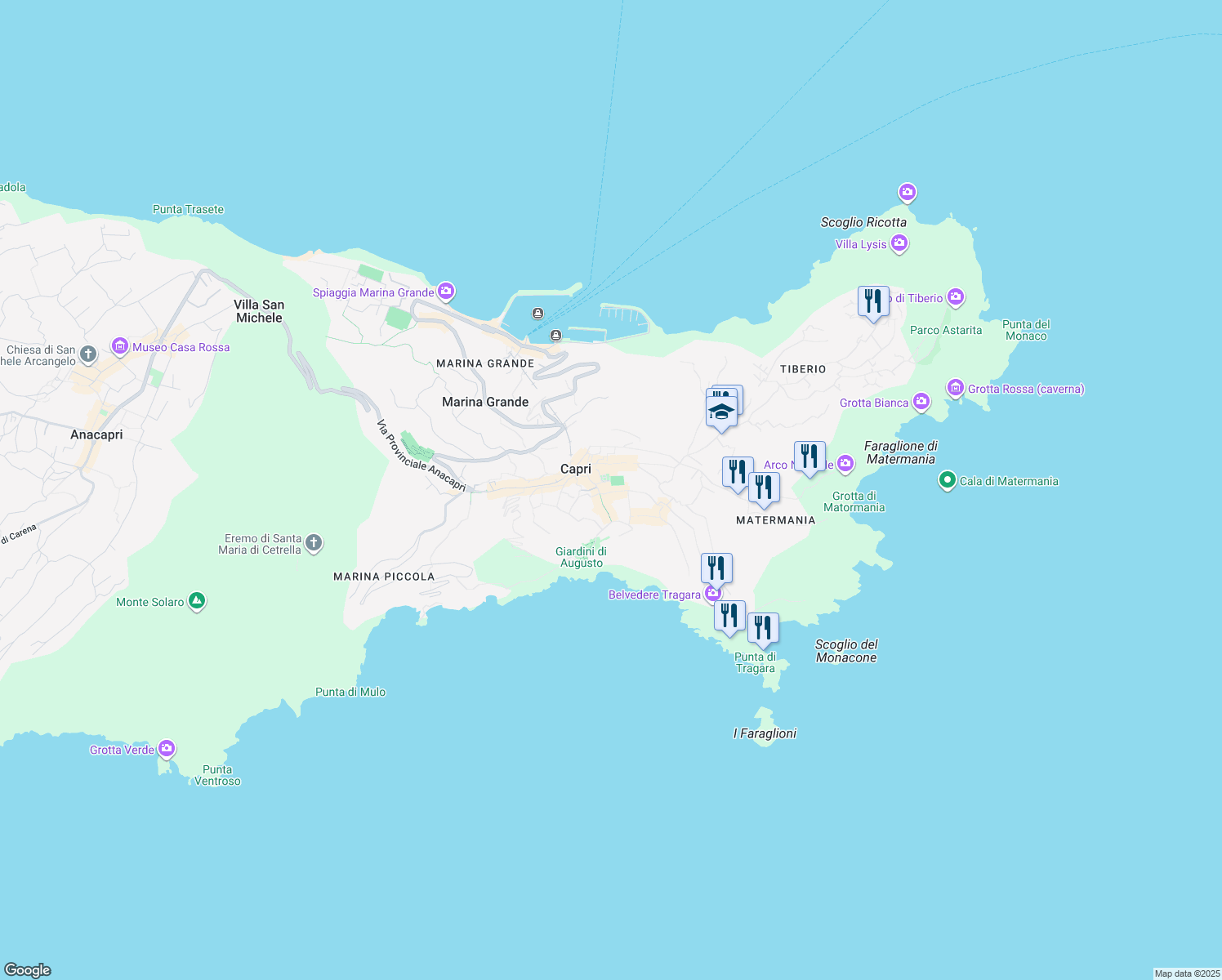 map of restaurants, bars, coffee shops, grocery stores, and more near 19 Via Camerelle in Capri