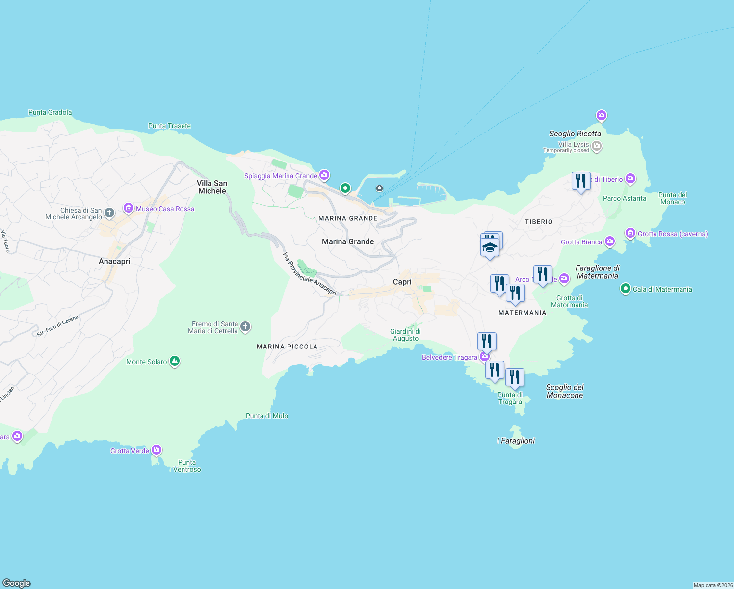map of restaurants, bars, coffee shops, grocery stores, and more near 71 Via Roma in Capri