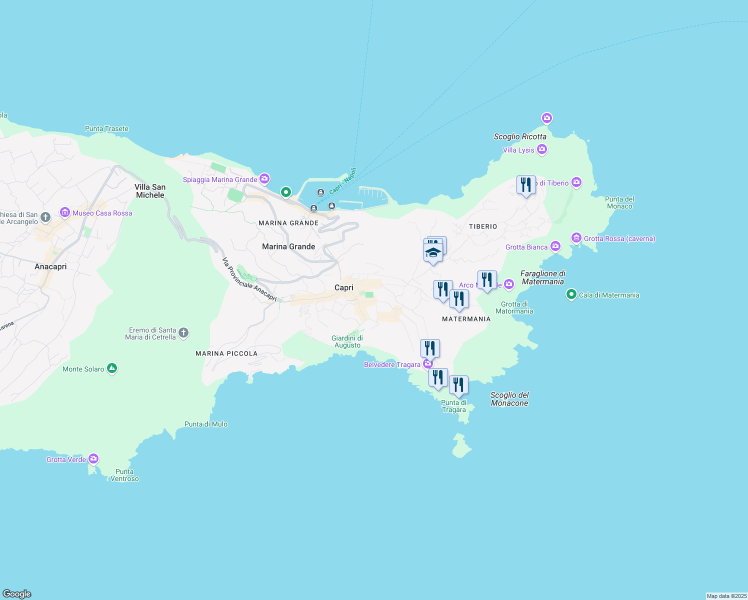 map of restaurants, bars, coffee shops, grocery stores, and more near 43 Via Camerelle in Capri
