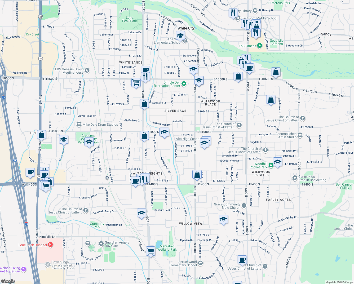 map of restaurants, bars, coffee shops, grocery stores, and more near 11077 Hawkwood Drive in Sandy