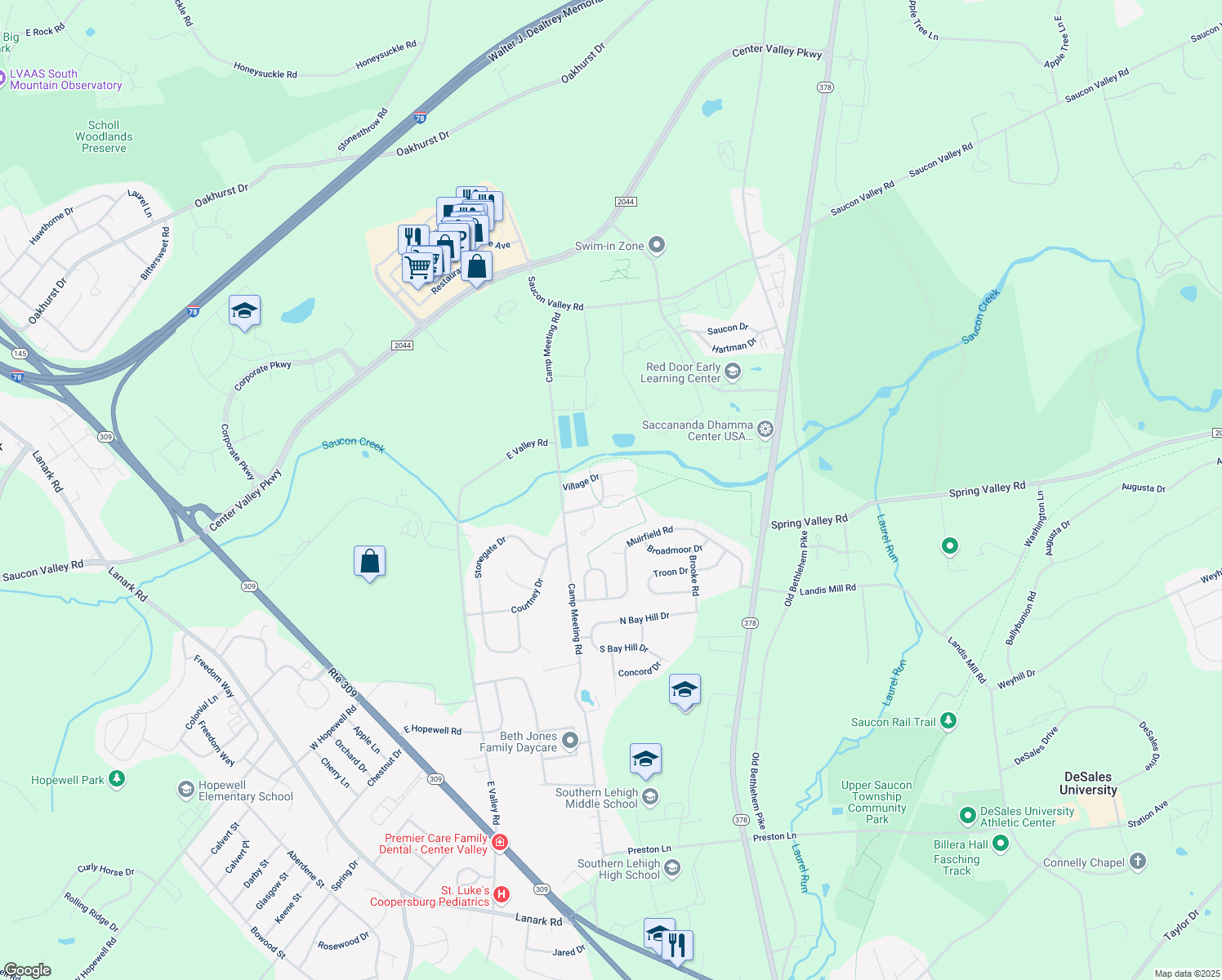 map of restaurants, bars, coffee shops, grocery stores, and more near 3070 Harvest Court in Lehigh County