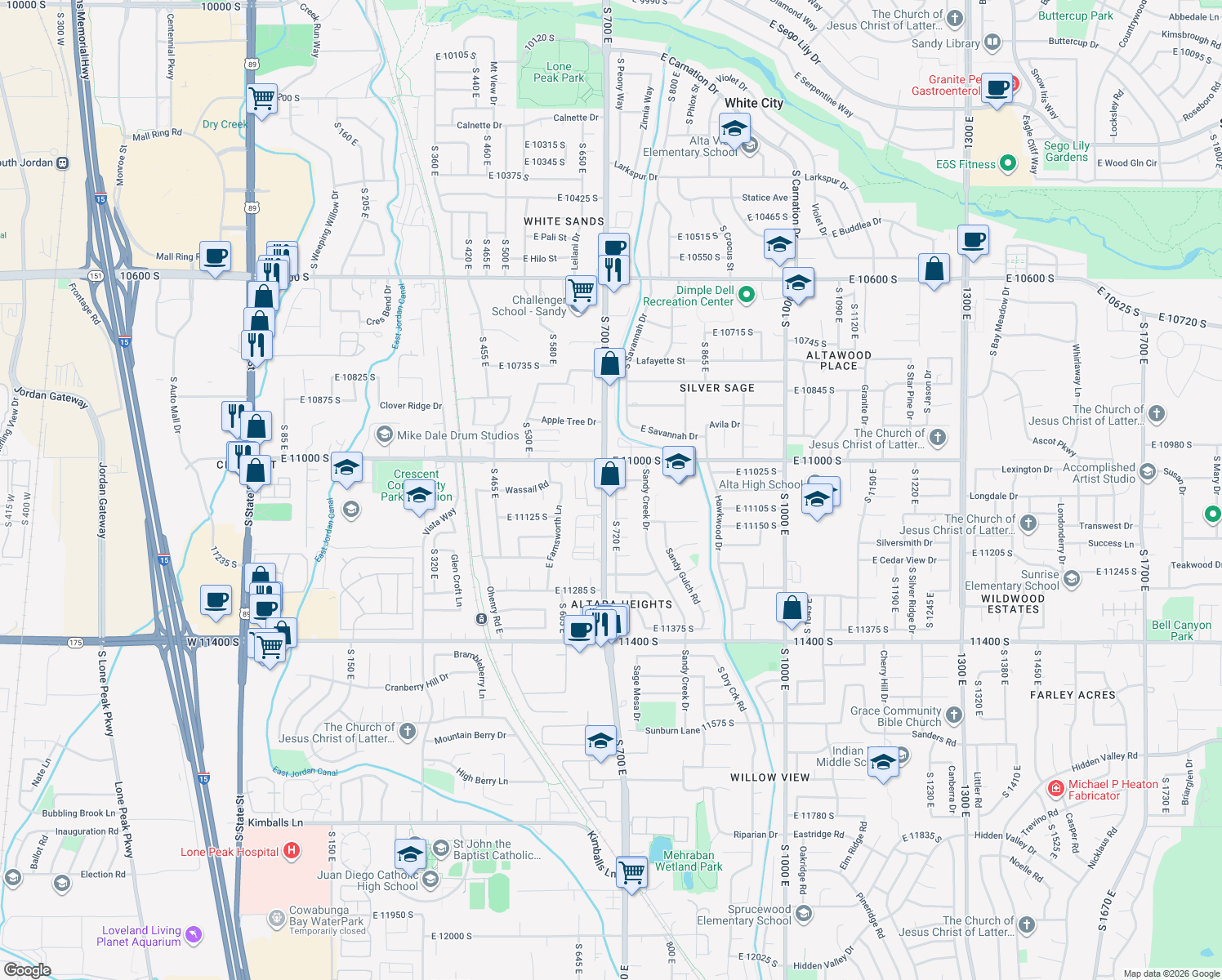 map of restaurants, bars, coffee shops, grocery stores, and more near 11062 Sandy Dunes Drive in Sandy