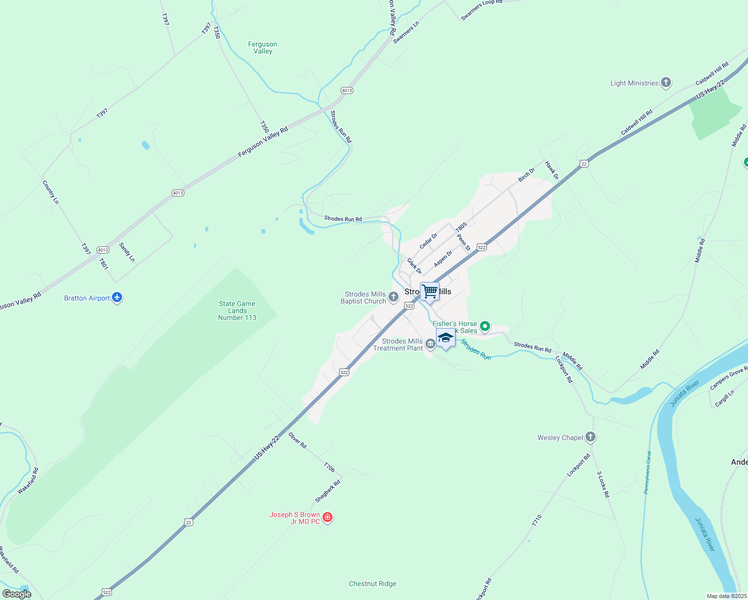 map of restaurants, bars, coffee shops, grocery stores, and more near Highway 522 South in Mifflin County