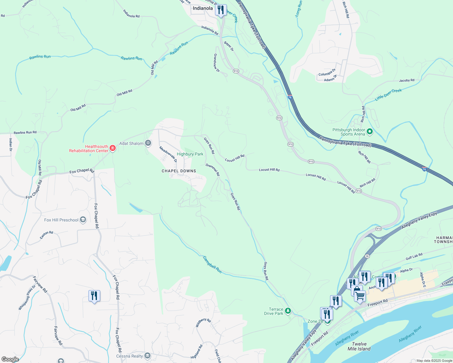 map of restaurants, bars, coffee shops, grocery stores, and more near 553 Guys Run Road in Cheswick