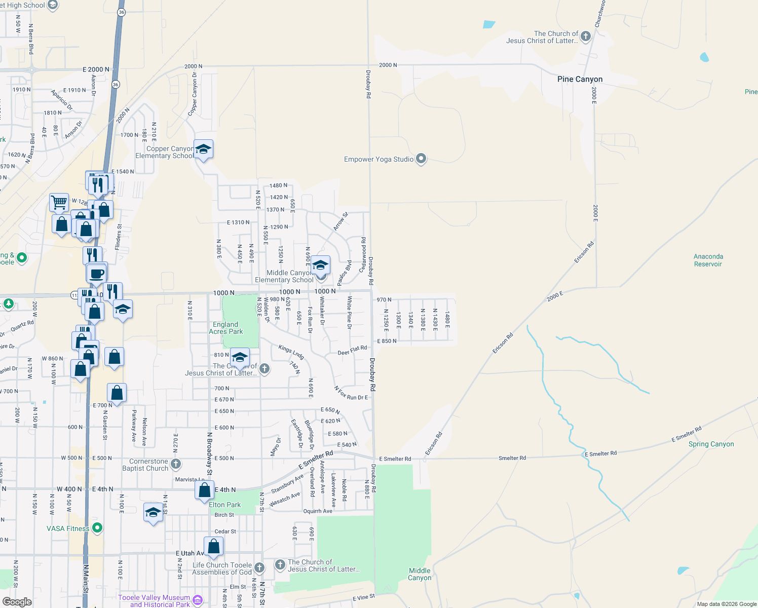 map of restaurants, bars, coffee shops, grocery stores, and more near 1224 970 North in Tooele