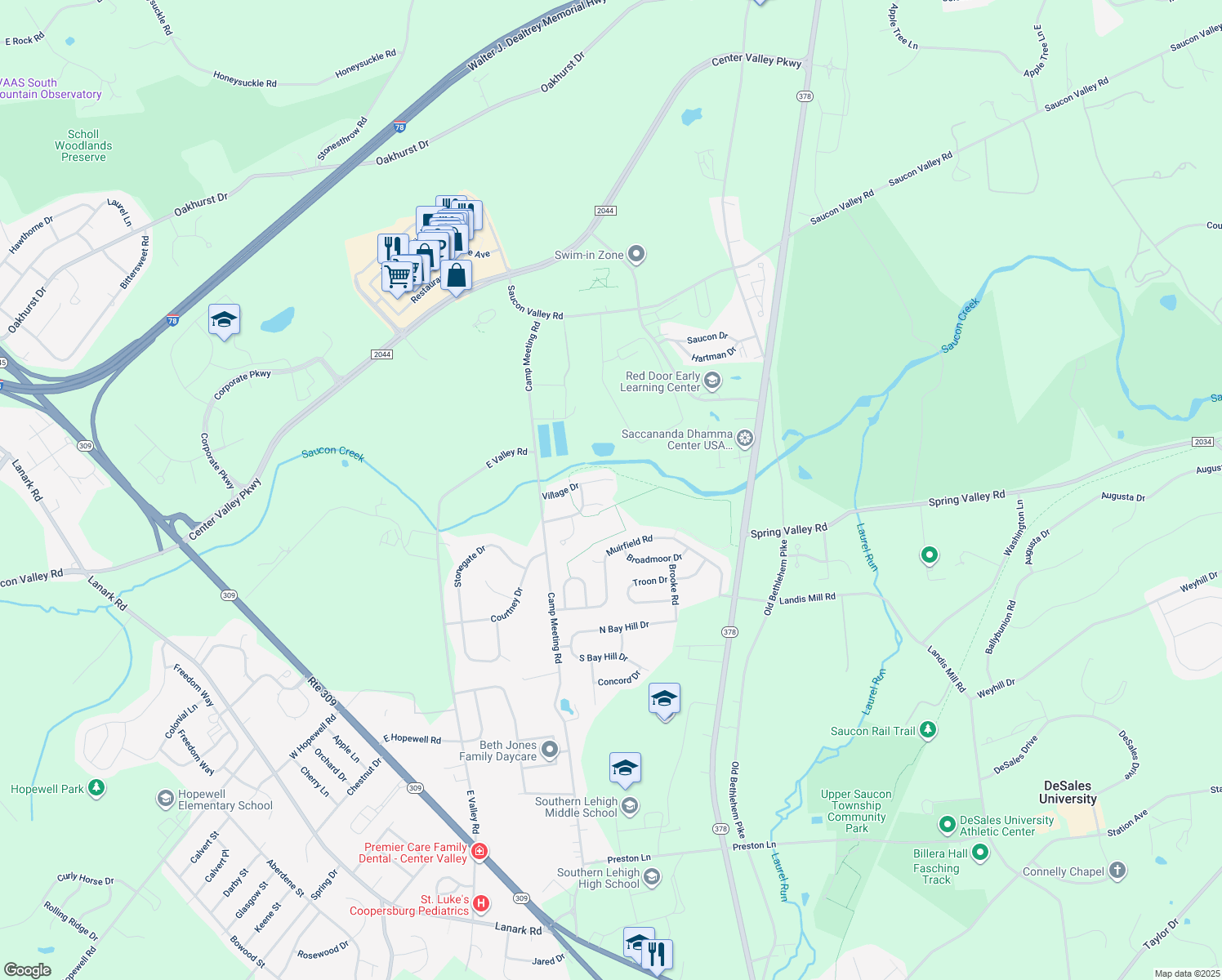 map of restaurants, bars, coffee shops, grocery stores, and more near 3007 Village Drive in Lehigh County
