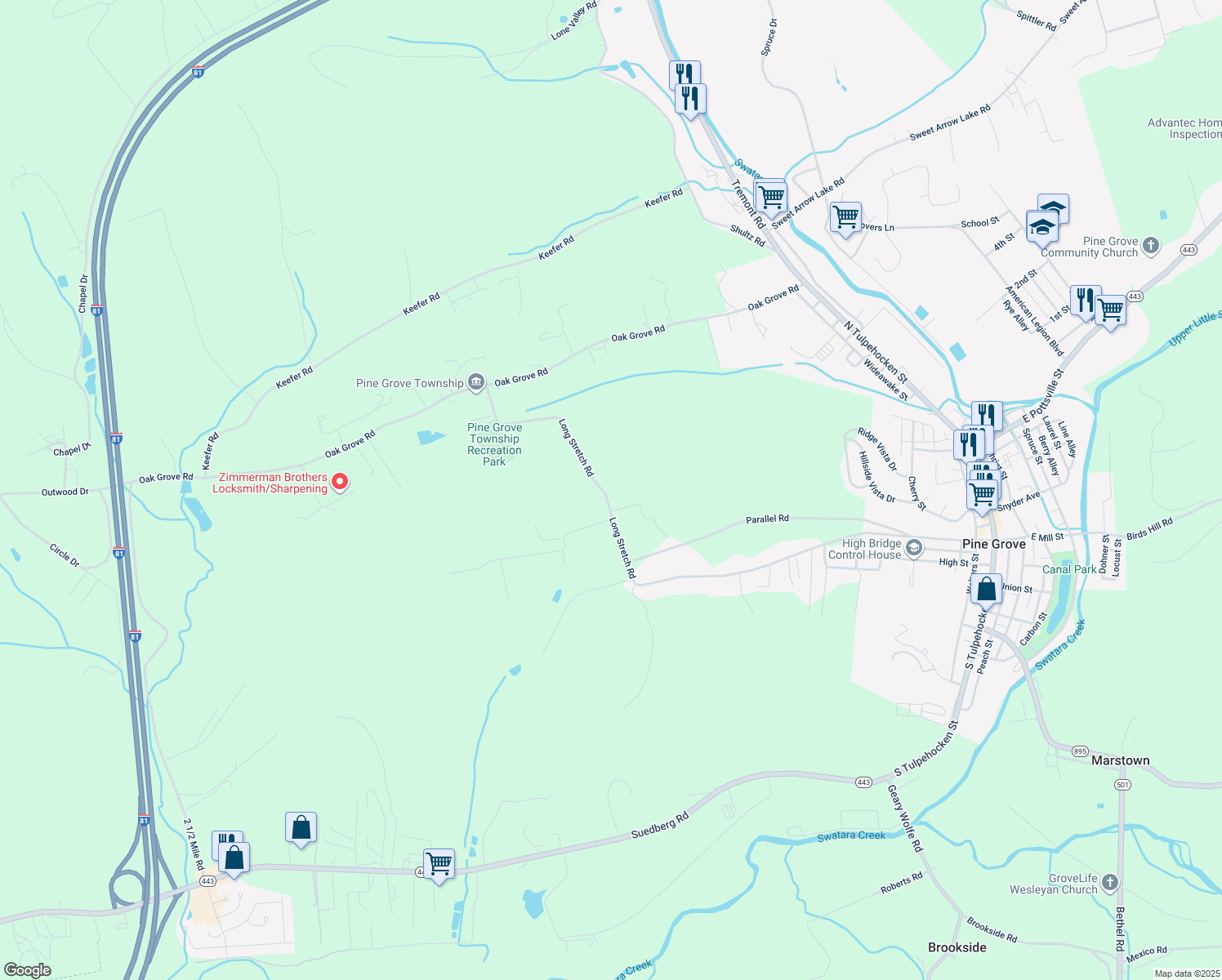 map of restaurants, bars, coffee shops, grocery stores, and more near 101 Long Stretch Road in Pine Grove