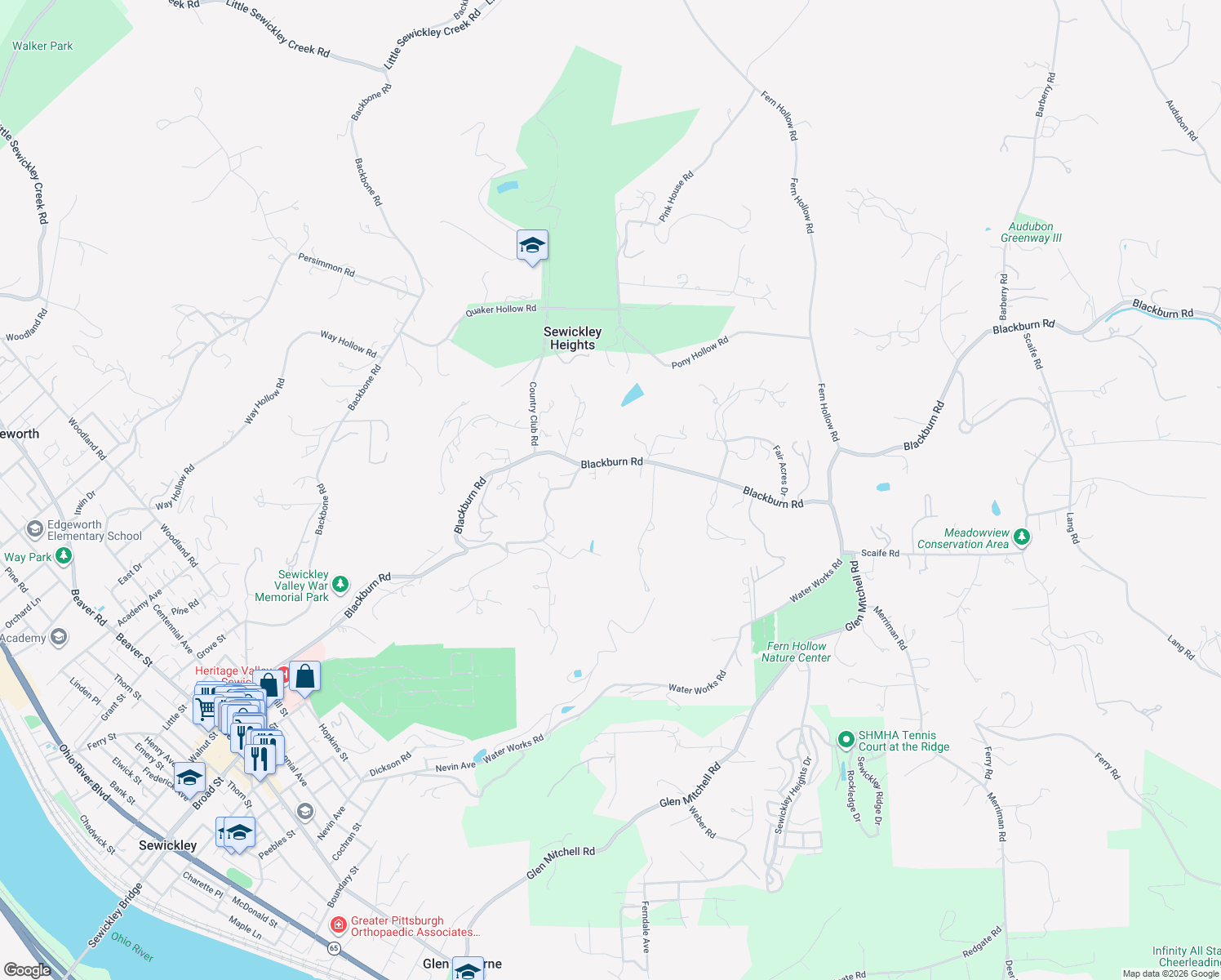 map of restaurants, bars, coffee shops, grocery stores, and more near 855 Blackburn Road in Sewickley