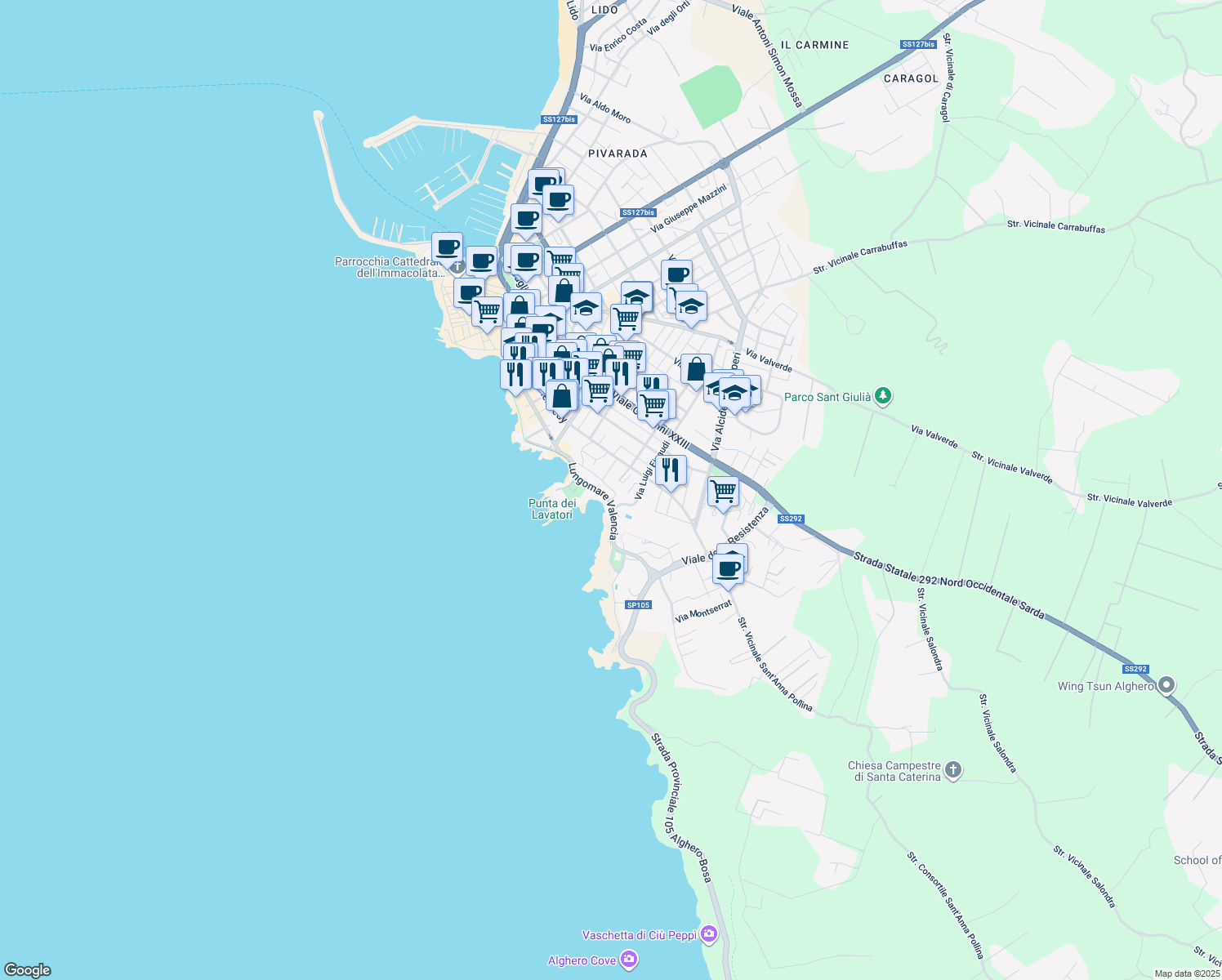 map of restaurants, bars, coffee shops, grocery stores, and more near 6 Via Banyoles in Alghero