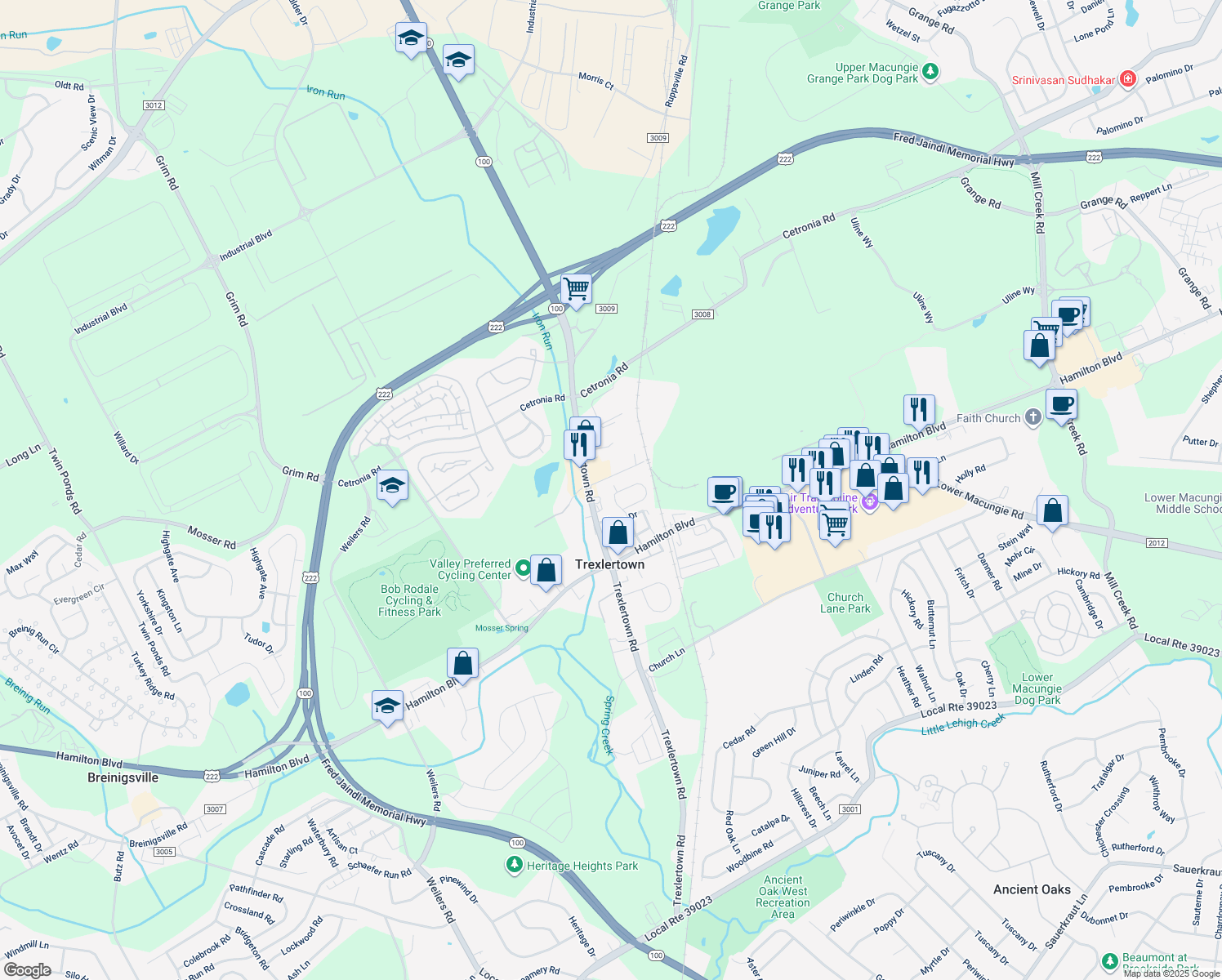 map of restaurants, bars, coffee shops, grocery stores, and more near 7520 Trexler Circle in Trexlertown