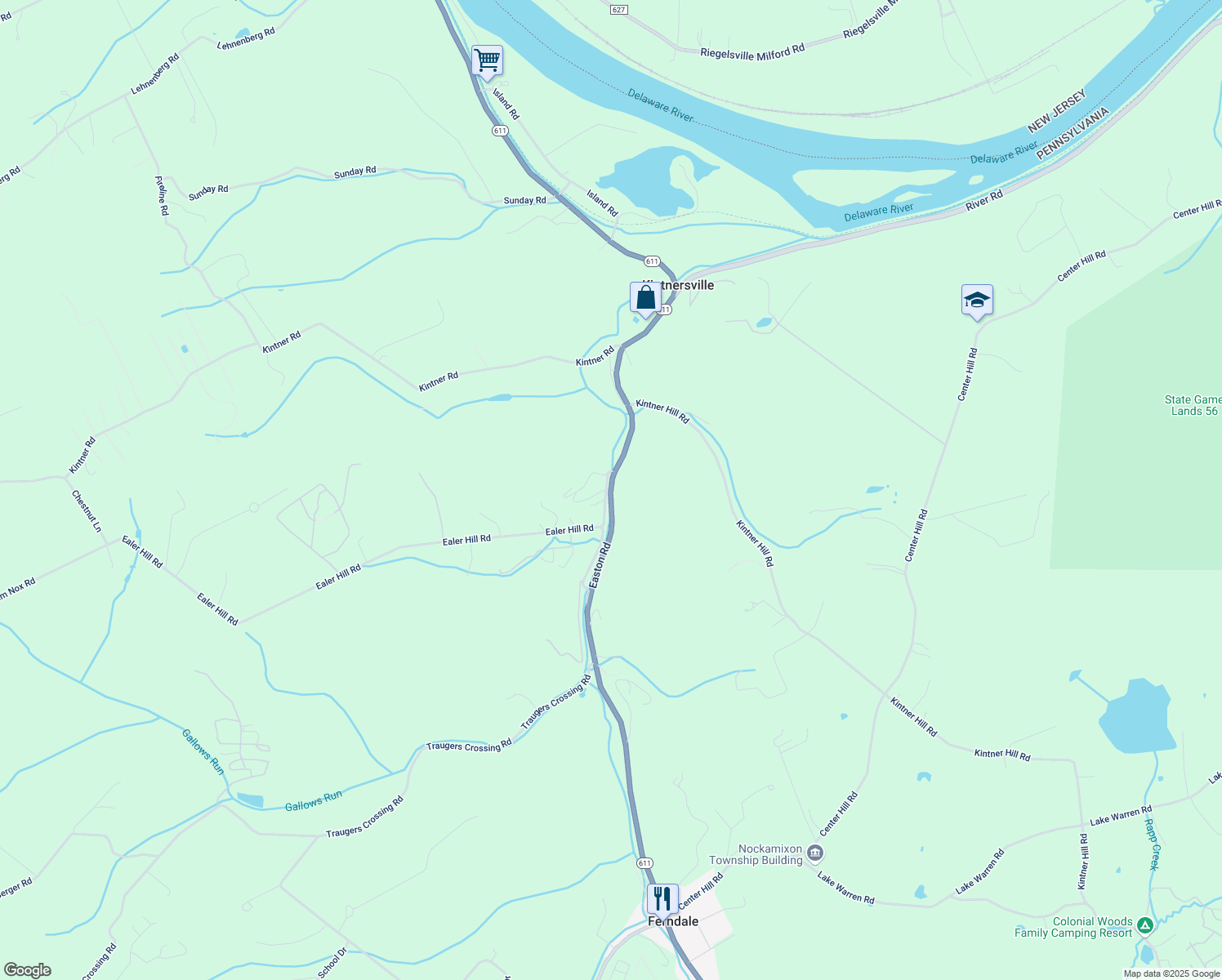 map of restaurants, bars, coffee shops, grocery stores, and more near 9337 Easton Road in Kintnersville