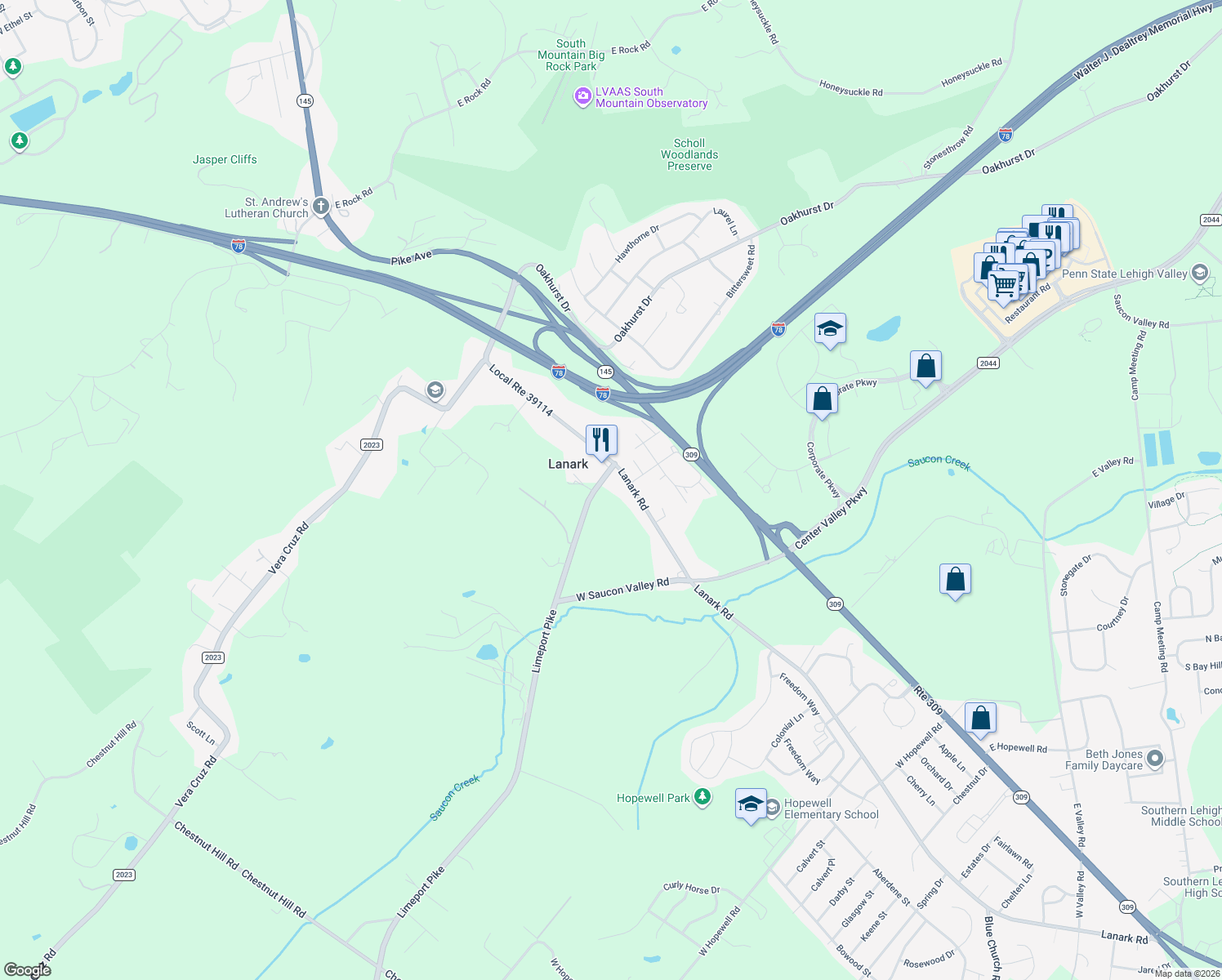 map of restaurants, bars, coffee shops, grocery stores, and more near 3616 Lanark Road in Coopersburg