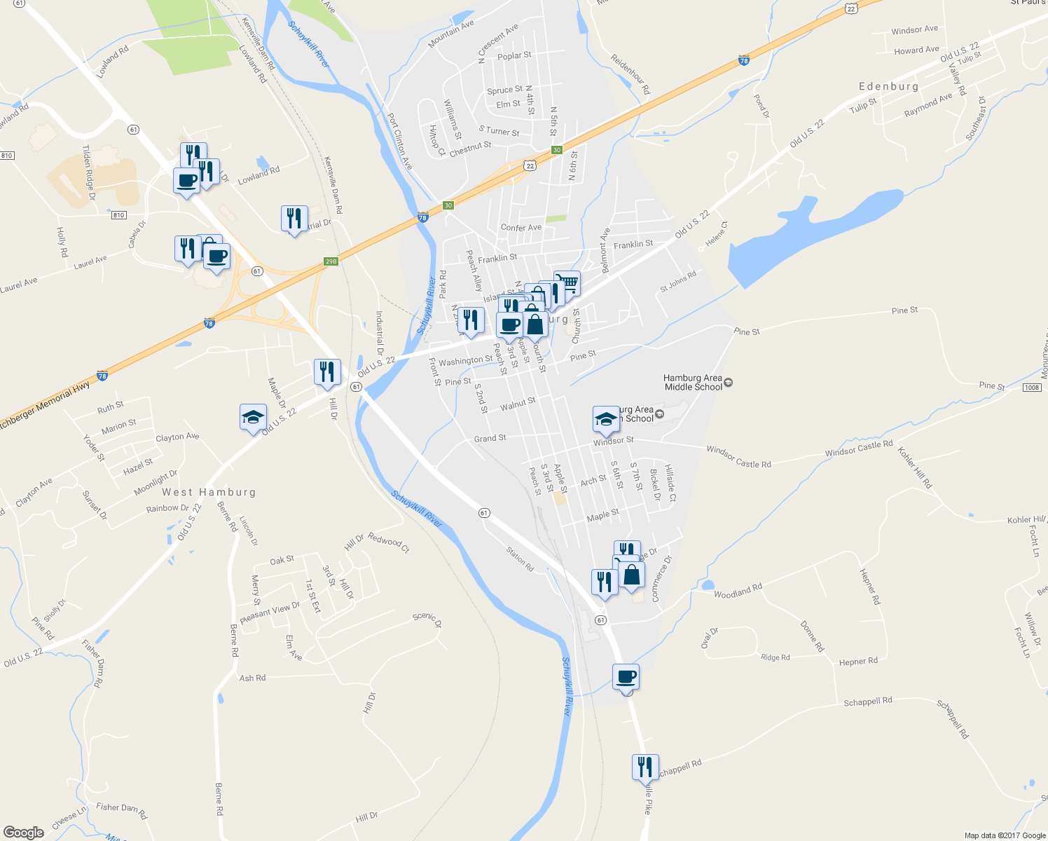 map of restaurants, bars, coffee shops, grocery stores, and more near 228 S 3rd St in Hamburg