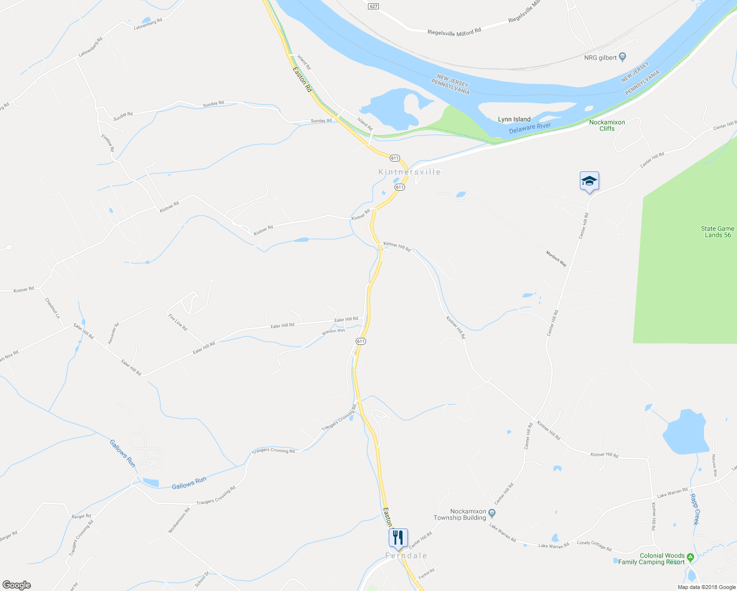 map of restaurants, bars, coffee shops, grocery stores, and more near 9333 Easton Road in Kintnersville