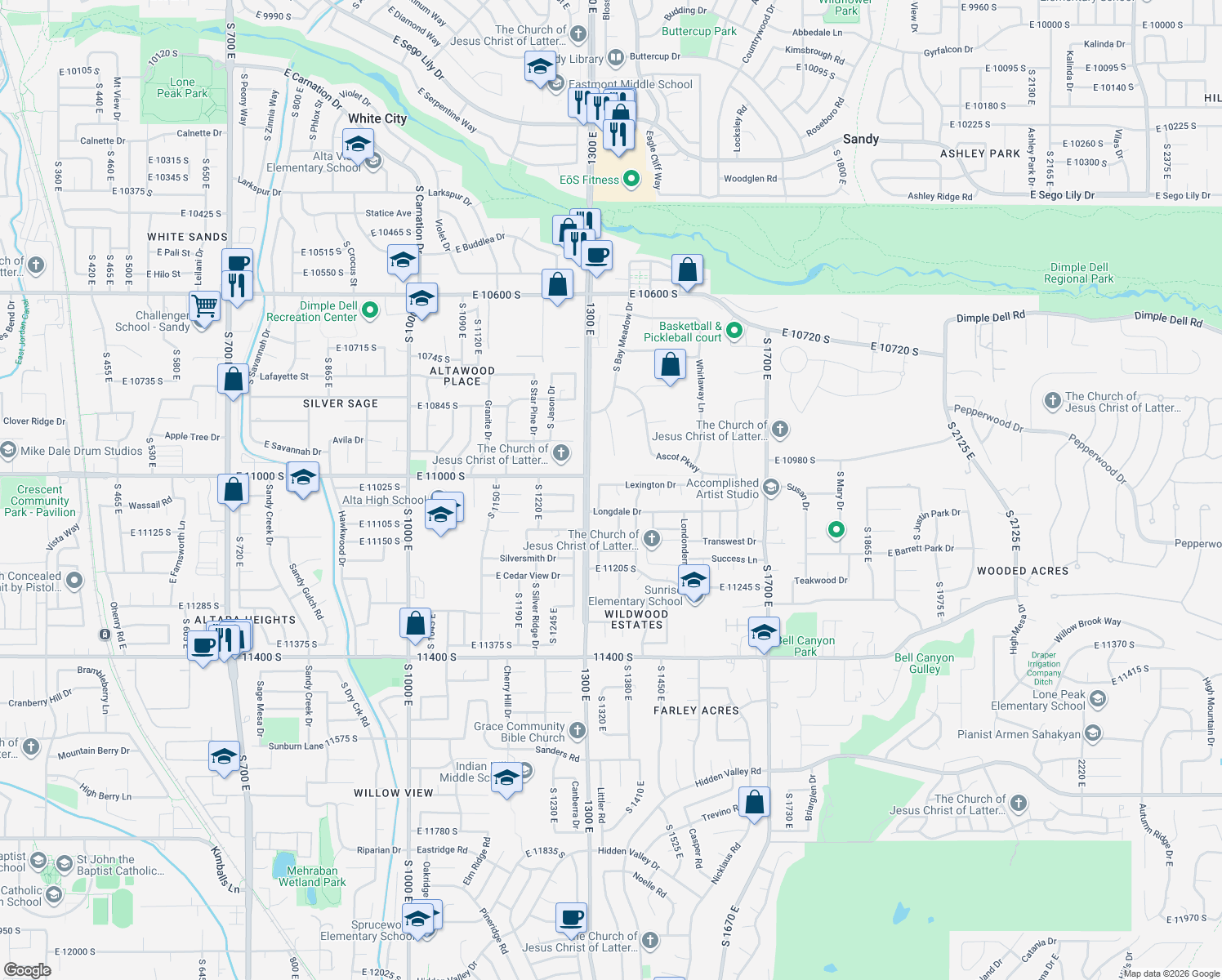 map of restaurants, bars, coffee shops, grocery stores, and more near 11034 Lamasa Cir in Sandy