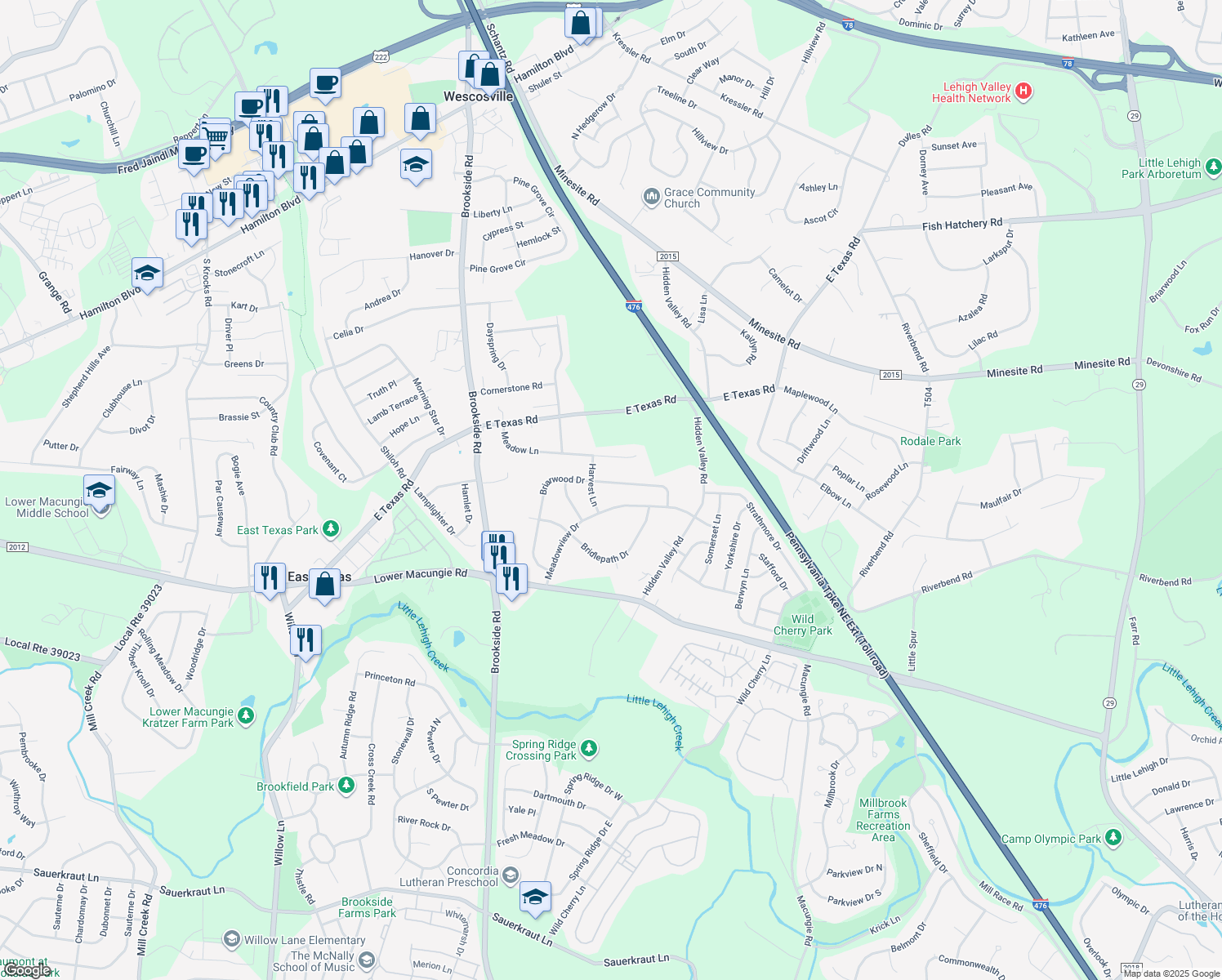 map of restaurants, bars, coffee shops, grocery stores, and more near 4940 Briarwood Dr in Macungie