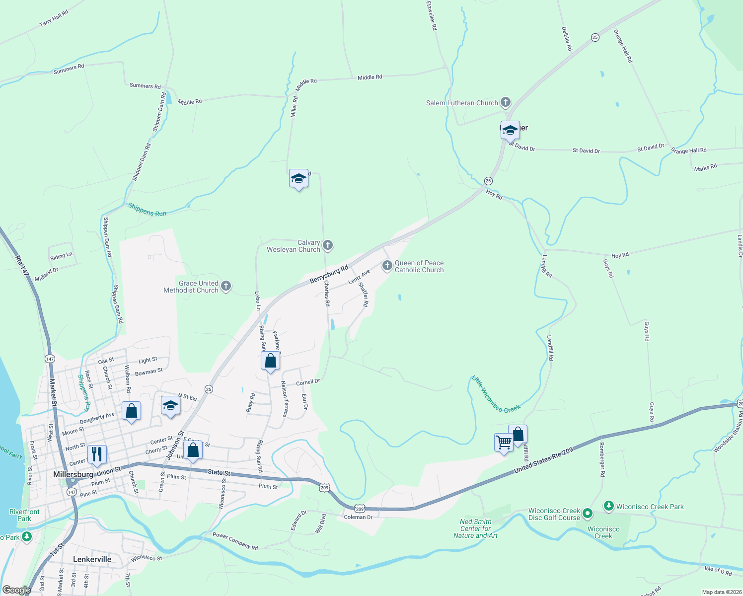 map of restaurants, bars, coffee shops, grocery stores, and more near 303 Shaffer Rd in Millersburg