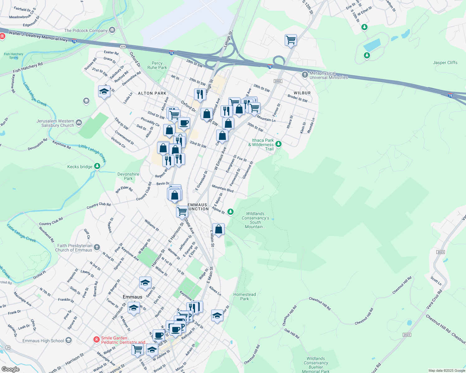 map of restaurants, bars, coffee shops, grocery stores, and more near 618 Fernwood Street in Emmaus