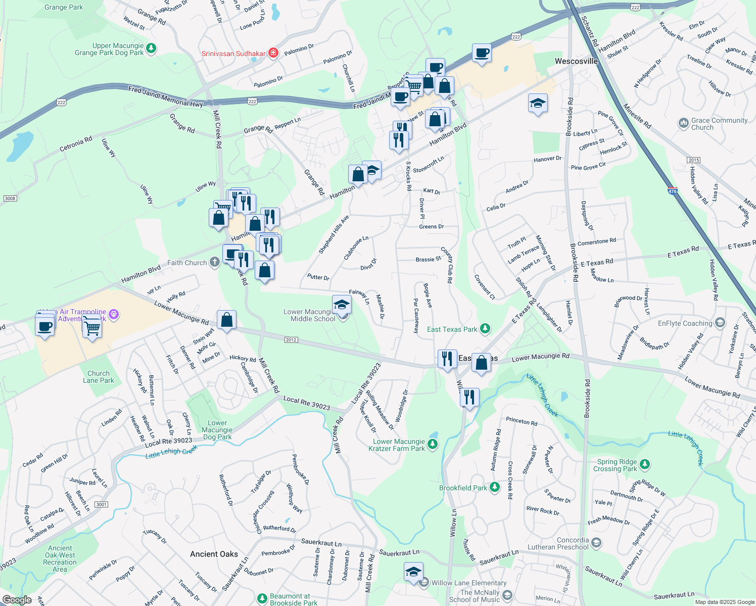map of restaurants, bars, coffee shops, grocery stores, and more near 1416 Mashie Drive in Wescosville