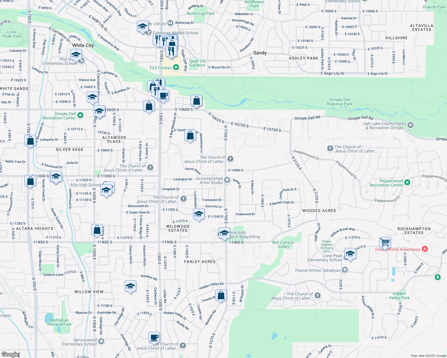 map of restaurants, bars, coffee shops, grocery stores, and more near 11023 Longdale Circle in Sandy