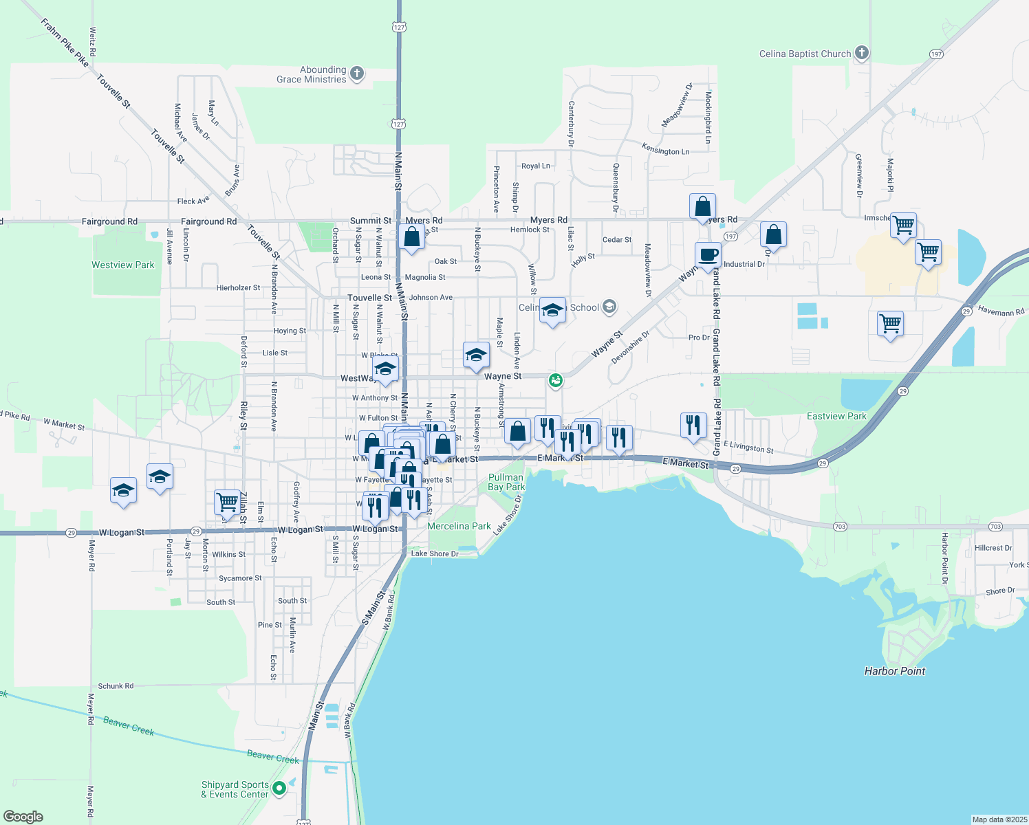 map of restaurants, bars, coffee shops, grocery stores, and more near 517 E Fulton St in Celina
