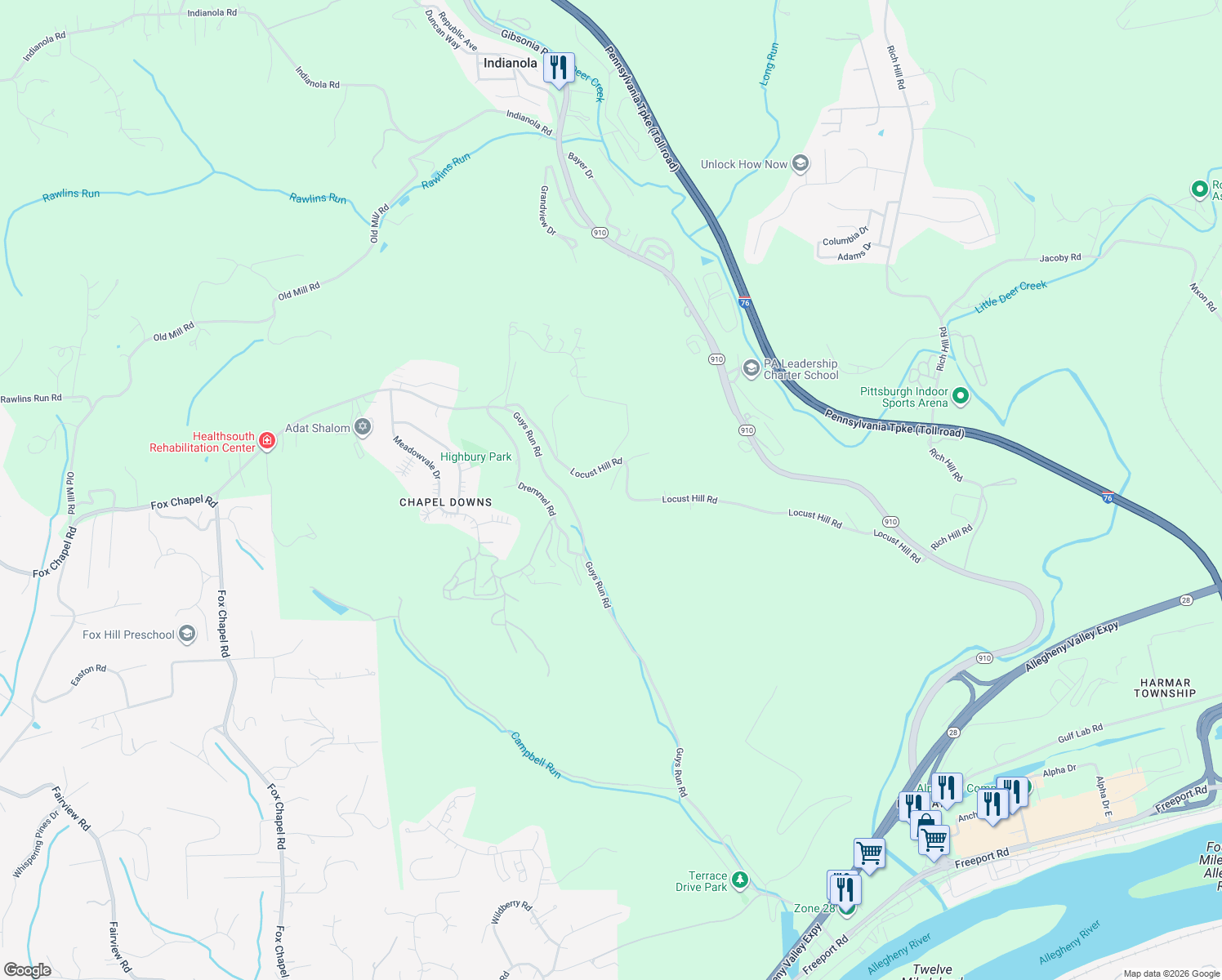 map of restaurants, bars, coffee shops, grocery stores, and more near 100 Family Tree Apartment in Pittsburgh