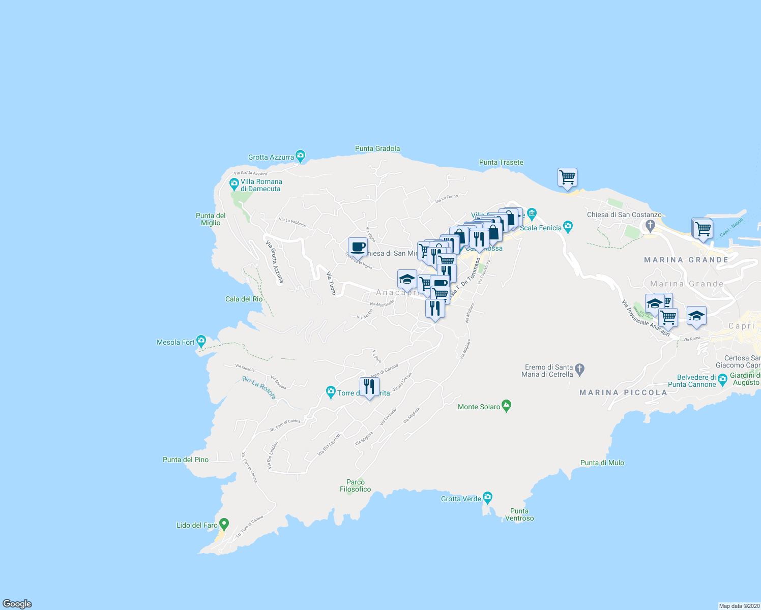 map of restaurants, bars, coffee shops, grocery stores, and more near 18 Via Monticello in Anacapri