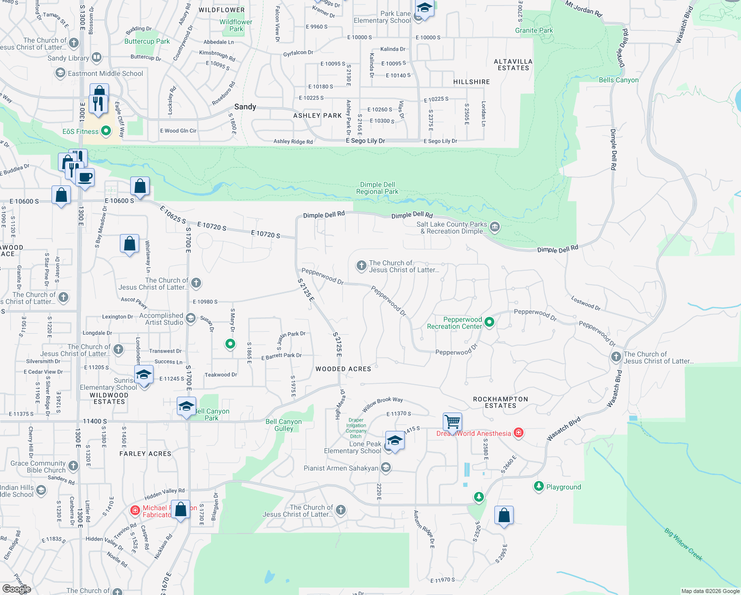map of restaurants, bars, coffee shops, grocery stores, and more near 28 Rollingwood Ln in Sandy
