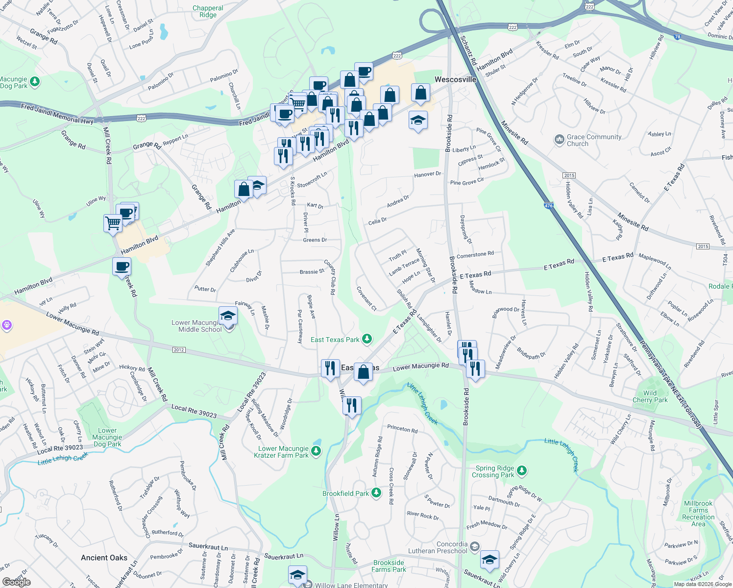 map of restaurants, bars, coffee shops, grocery stores, and more near 5601 Covenant Court in Allentown