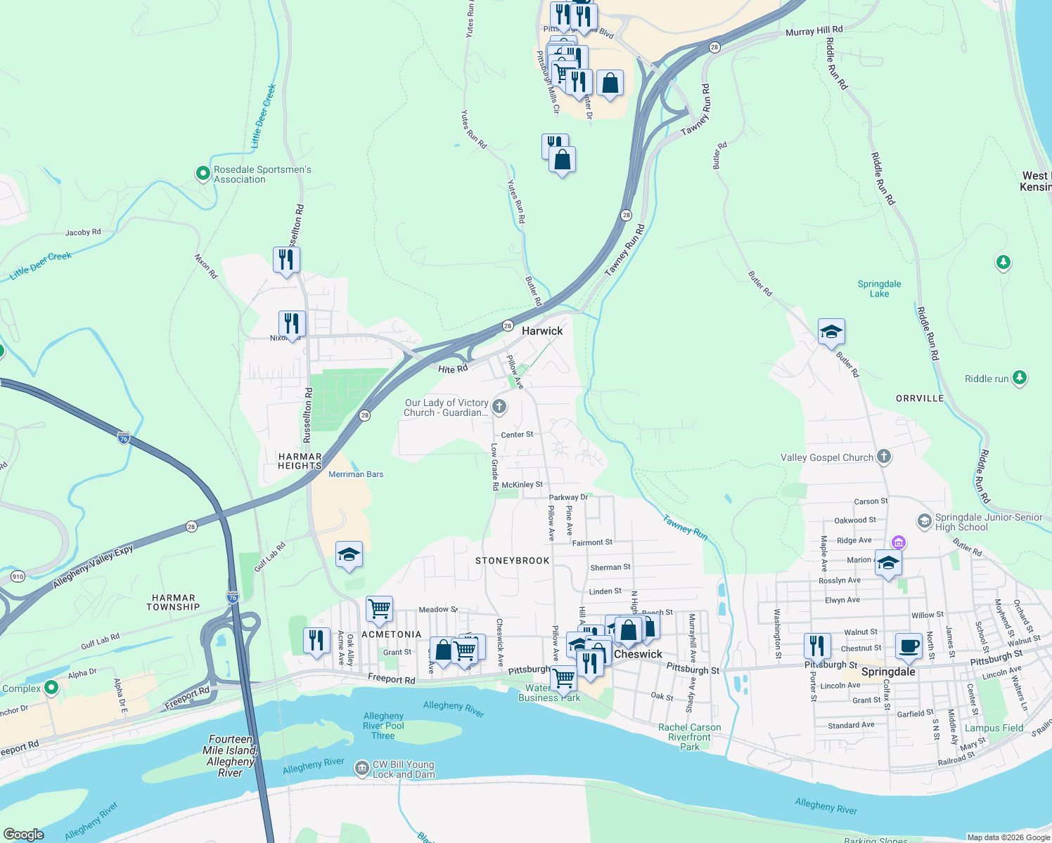 map of restaurants, bars, coffee shops, grocery stores, and more near 313 North Hamilton Street in Harwick