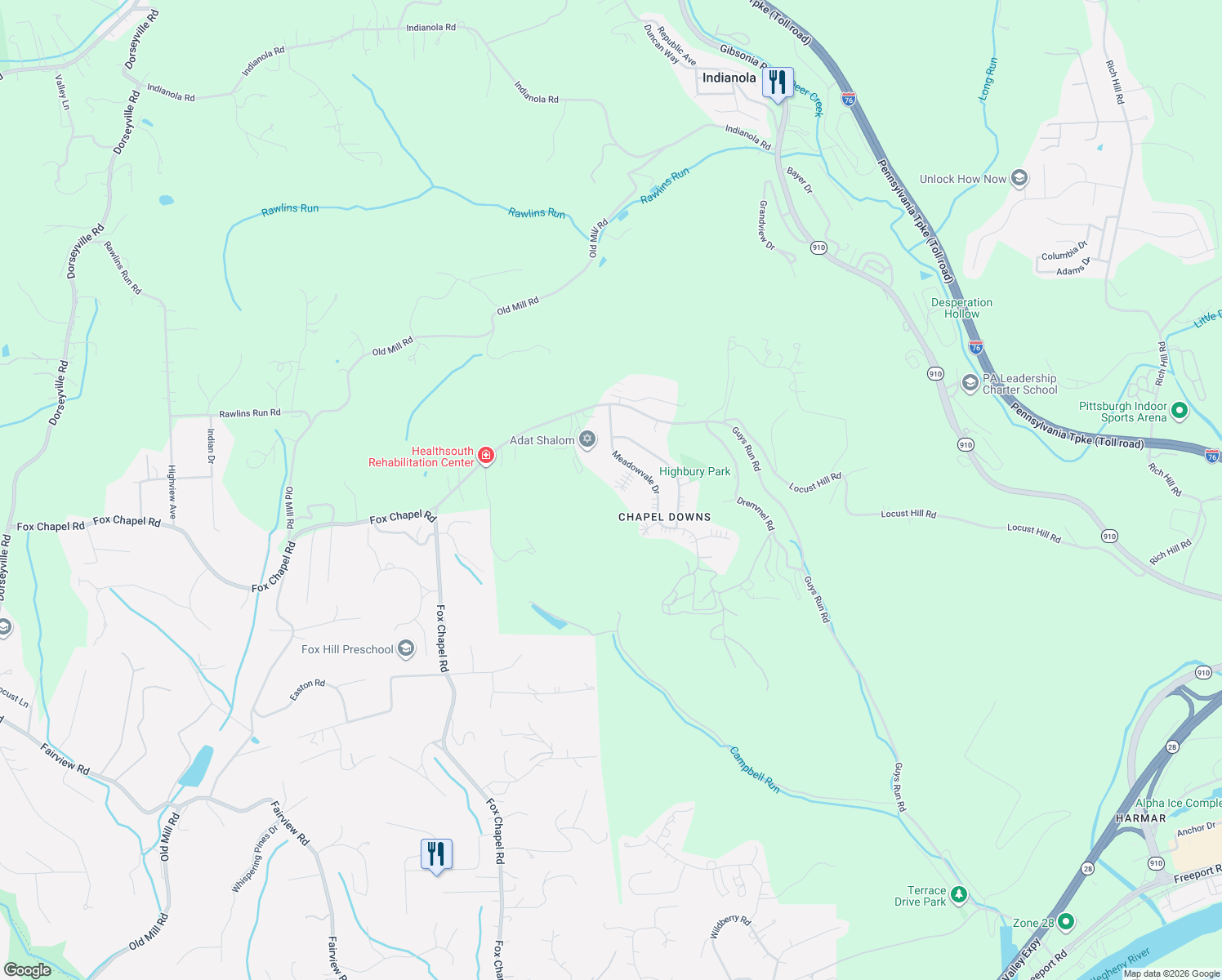 map of restaurants, bars, coffee shops, grocery stores, and more near 119 Philomena Circle in Cheswick
