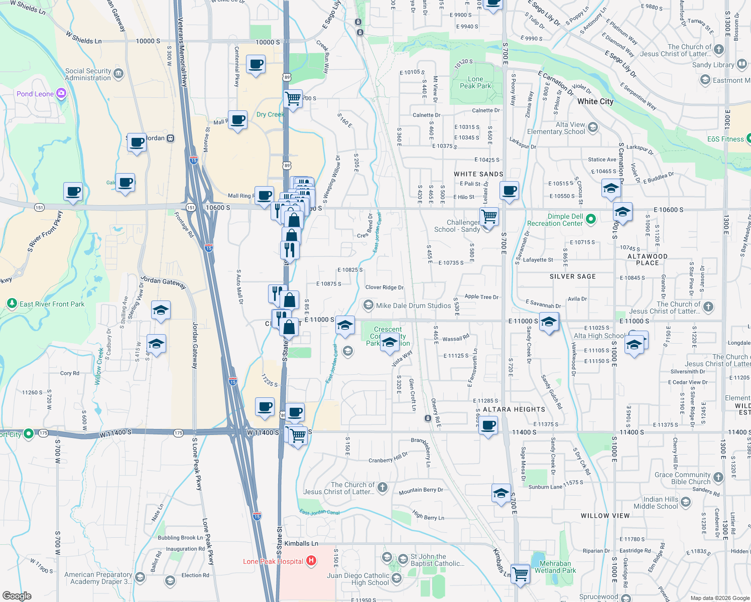 map of restaurants, bars, coffee shops, grocery stores, and more near 10945 South Hyrum Place in Sandy