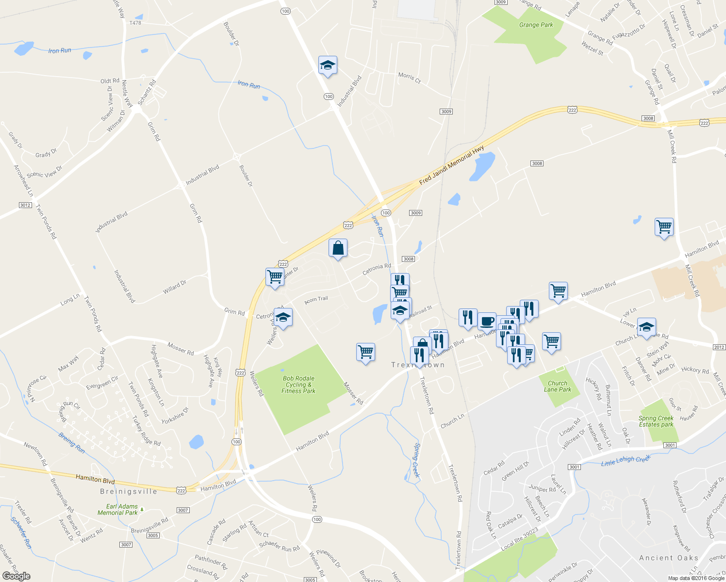 map of restaurants, bars, coffee shops, grocery stores, and more near 7860 Red Hawk Court in Breinigsville
