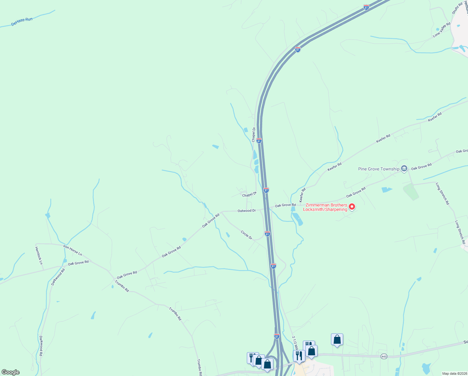 map of restaurants, bars, coffee shops, grocery stores, and more near 26 Lacey Drive in Pine Grove