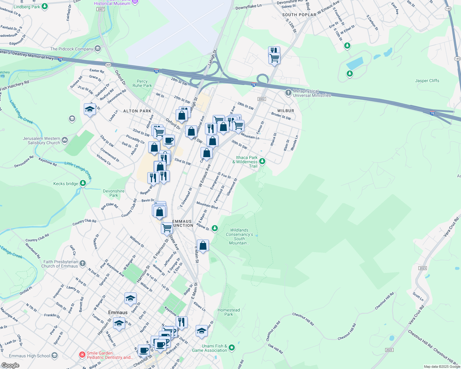 map of restaurants, bars, coffee shops, grocery stores, and more near 809 Glenwood St in Emmaus