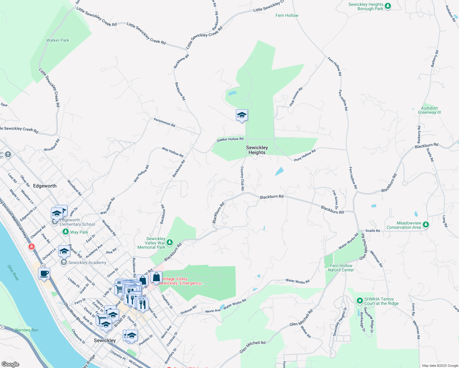 map of restaurants, bars, coffee shops, grocery stores, and more near 2 Farmhill Road in Sewickley