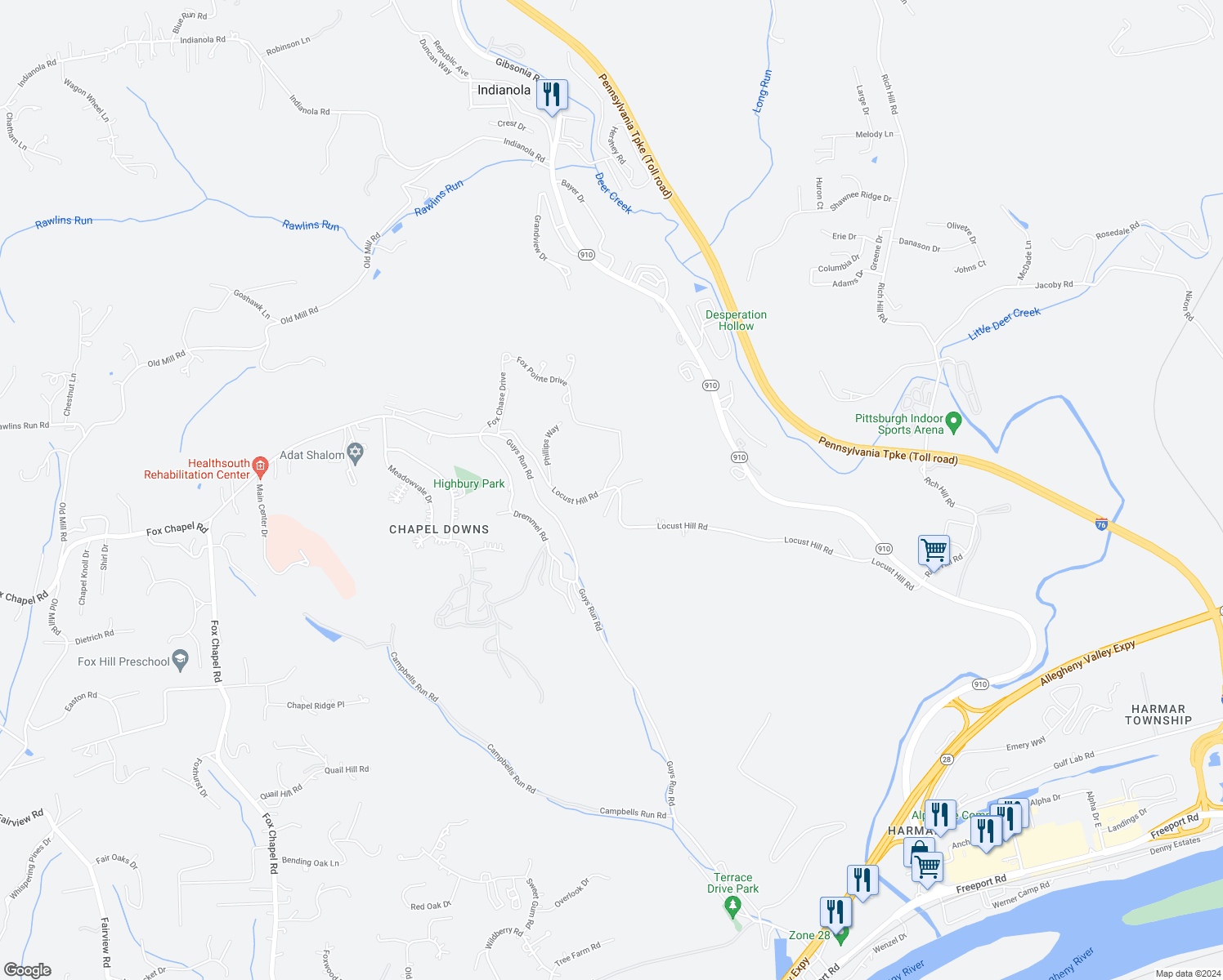 map of restaurants, bars, coffee shops, grocery stores, and more near 100-210 Family Tree Apartment in Pittsburgh