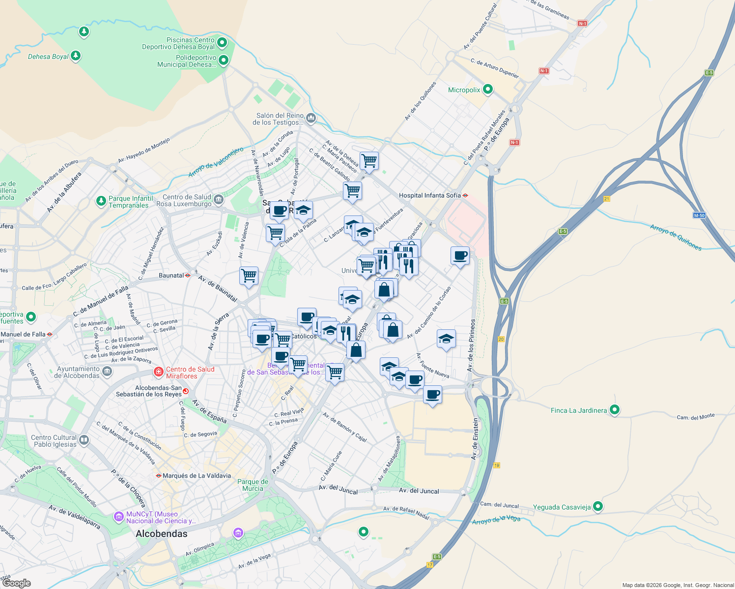 map of restaurants, bars, coffee shops, grocery stores, and more near 1 Avenida Isla Graciosa in San Sebastián de los Reyes