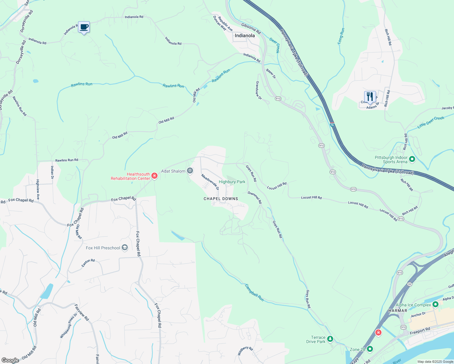map of restaurants, bars, coffee shops, grocery stores, and more near 29 Highbury Road in Cheswick