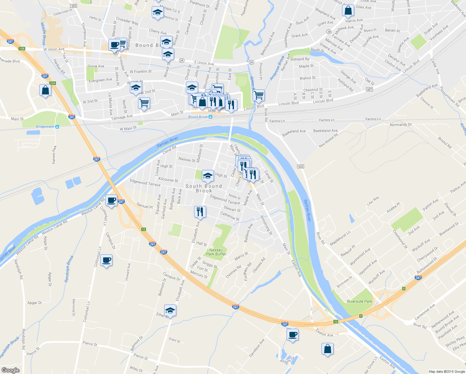 map of restaurants, bars, coffee shops, grocery stores, and more near 86 Jefferson Street in South Bound Brook