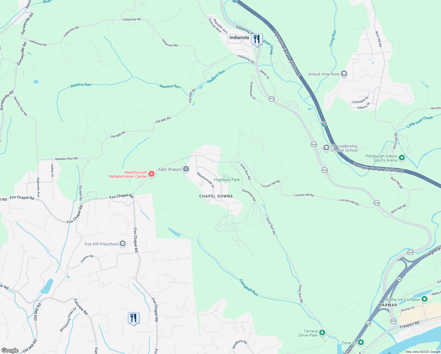 map of restaurants, bars, coffee shops, grocery stores, and more near 29 Highbury Road in Cheswick